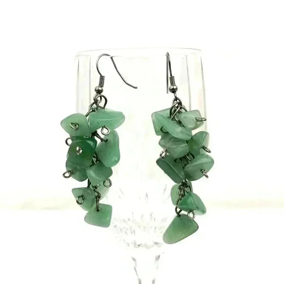 Natural Green Quartz Cluster Earrings Silver Tone Metal Hook Style Jewelry Boho - Picture 6 of 9
